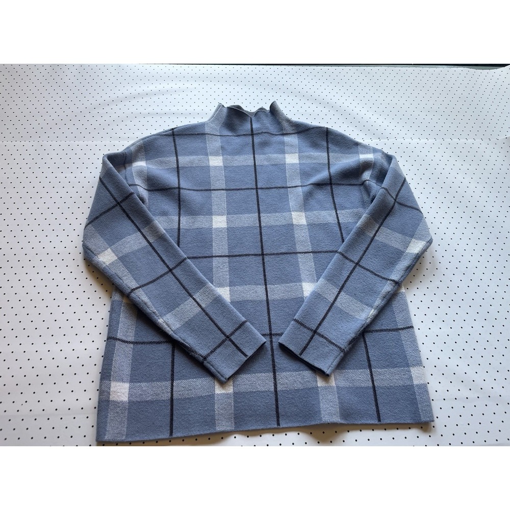 JNY Blue Plaid Mock Neck Sweater Soft Minimalist Knit Top Windowpane Small
